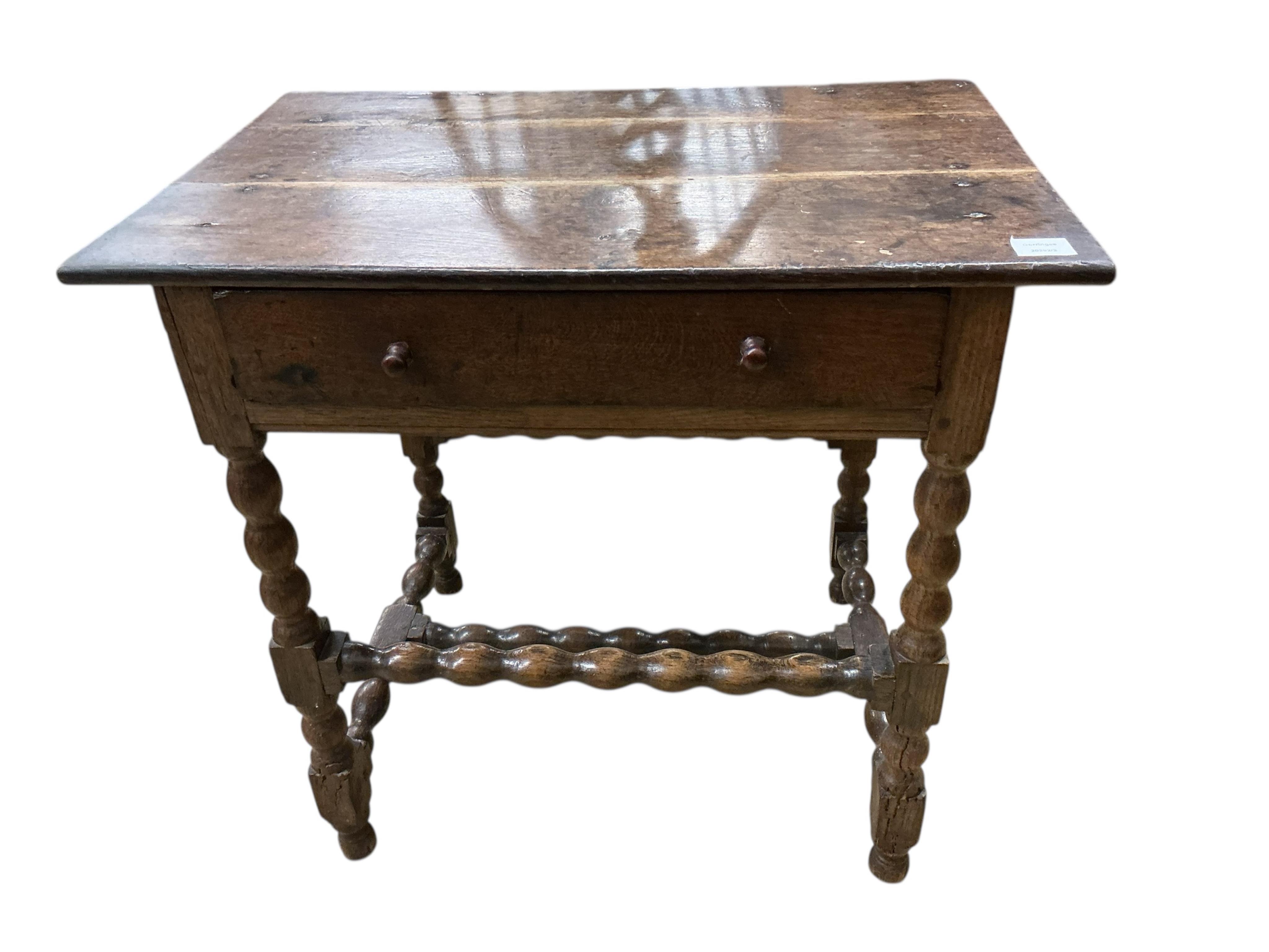 A 17th century rectangular oak side table, width 76cm, depth 51cm, height 71cm